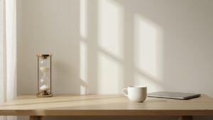 砂時計とノートパソコンとコーヒーカップが置かれた、朝の光が差す静かなデスク